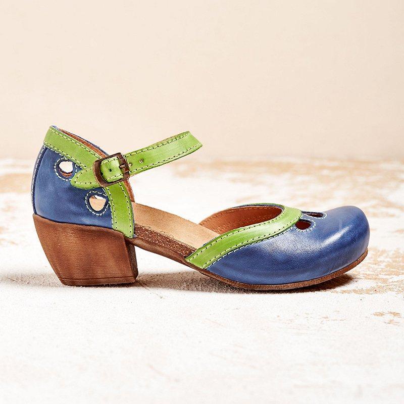Women's Leather Ankle Strap Mary Jane Flats with Panel Detail