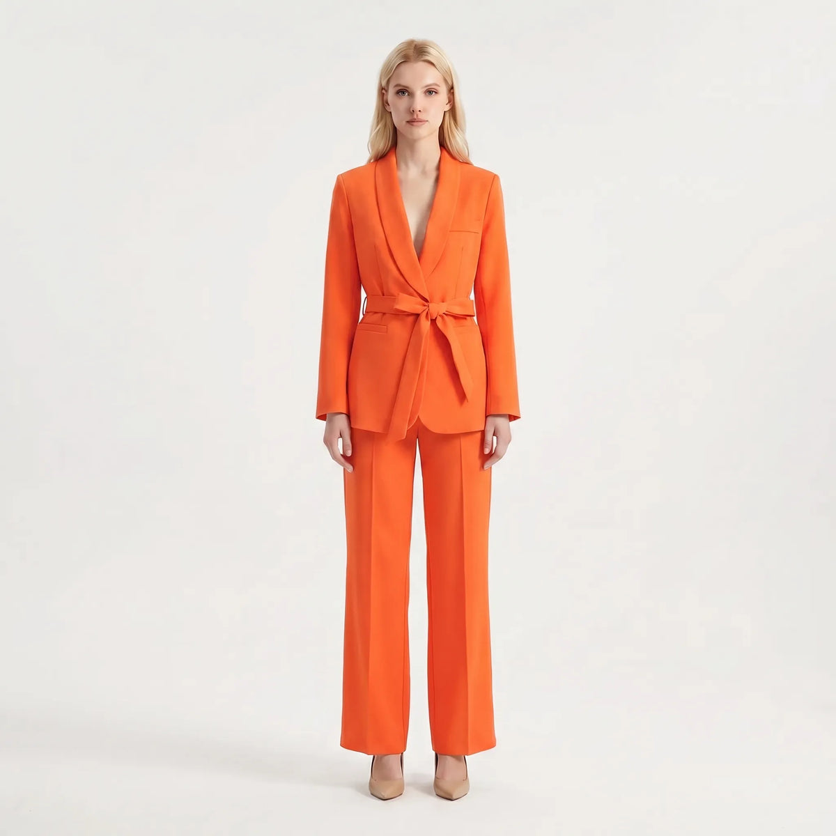 Women's Shawl Lapel Belted Blazer Wide Leg Pantsuit