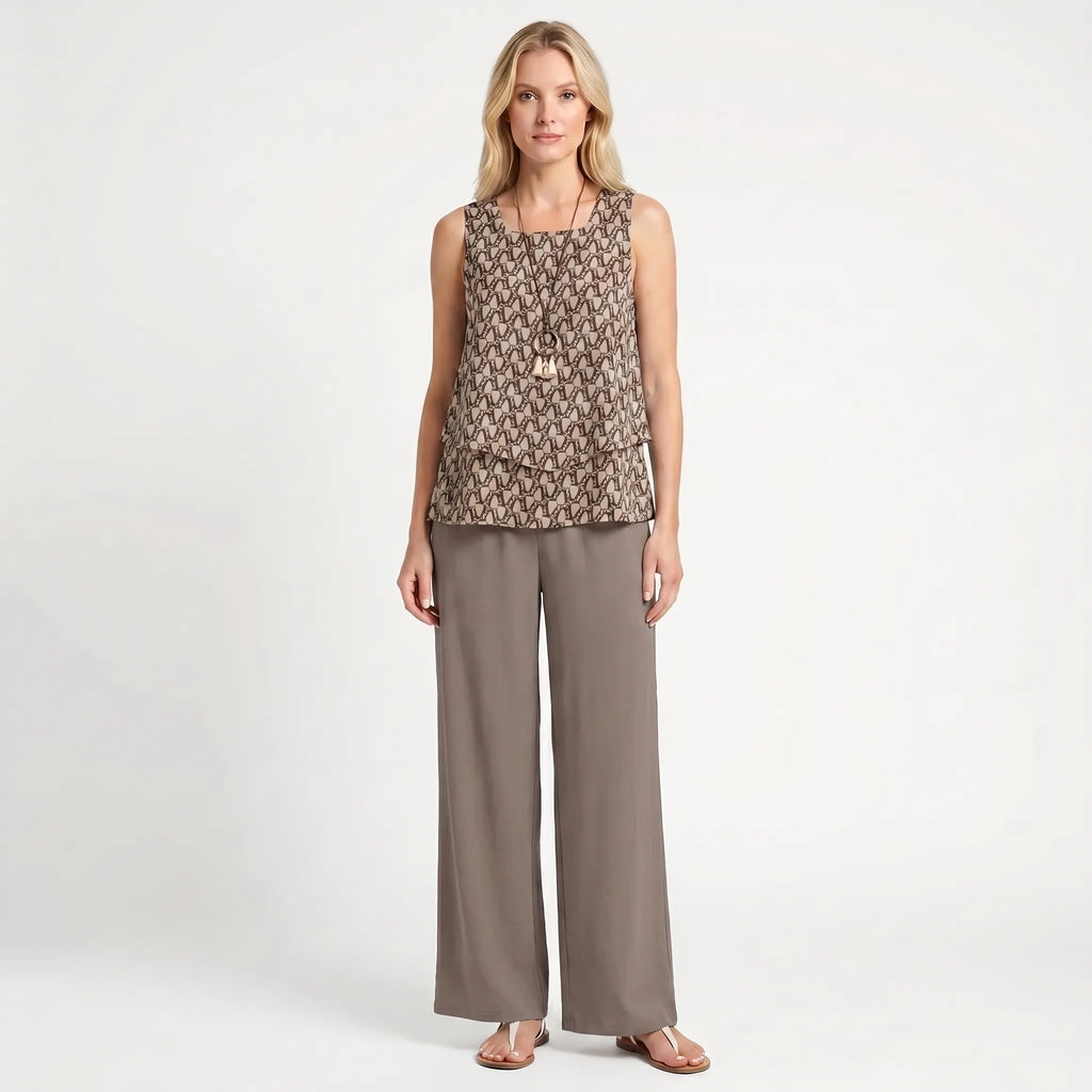 Women's Layered Sleeveless Top Printed Wide Leg Pants Set