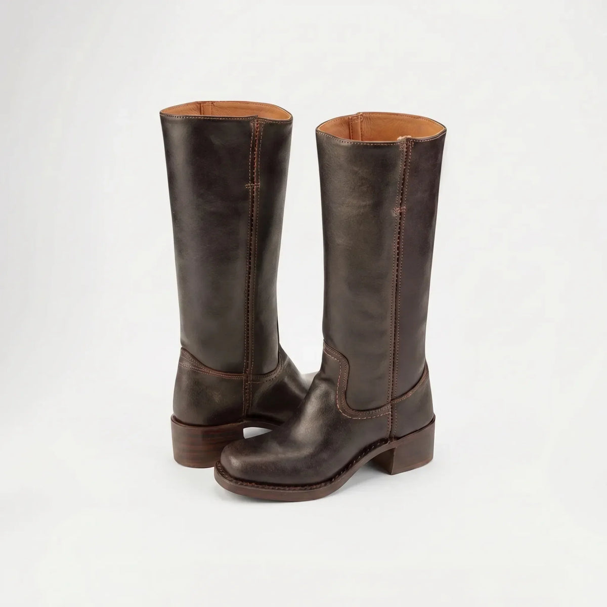 Women's Square Toe Tall Leather Boots with Stacked Heel