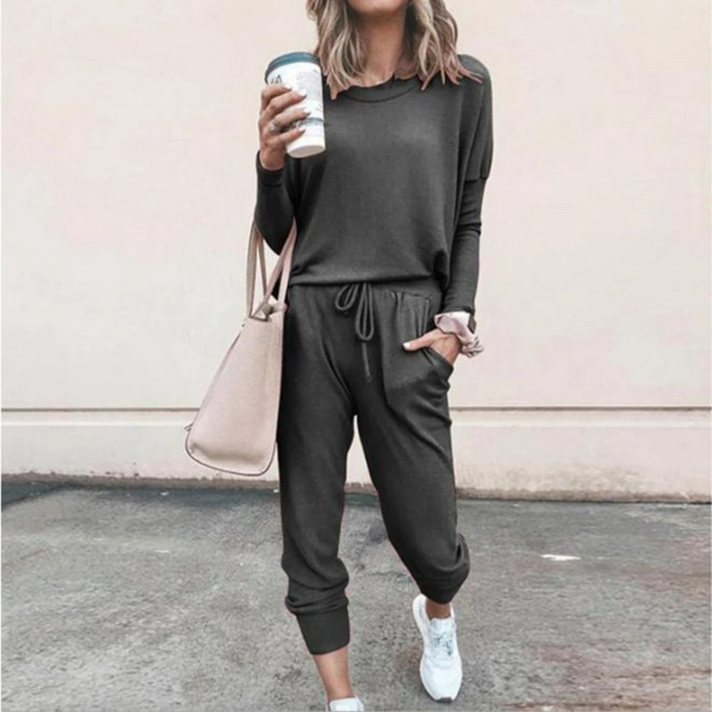 Women's Round Neck Long Sleeve Tapered Jogger Set
