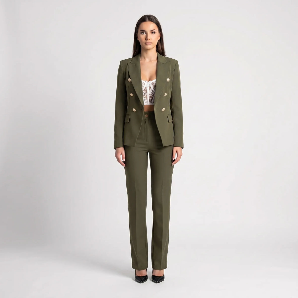 Women's Double Breasted Blazer Tailored Pants Suit Set