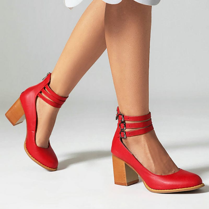 Women's Block Heel Booties with Three Buckle Straps