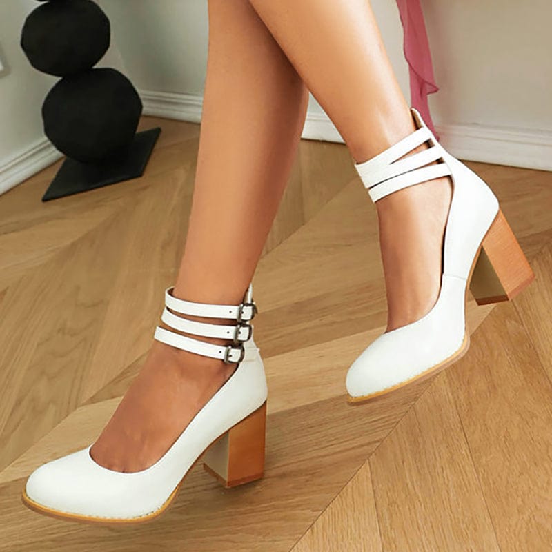 Women's Block Heel Booties with Three Buckle Straps