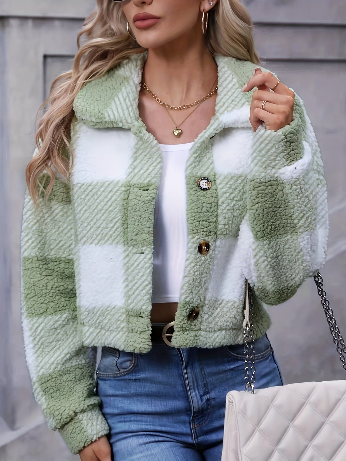Women's Short Plaid Button-Up Coat