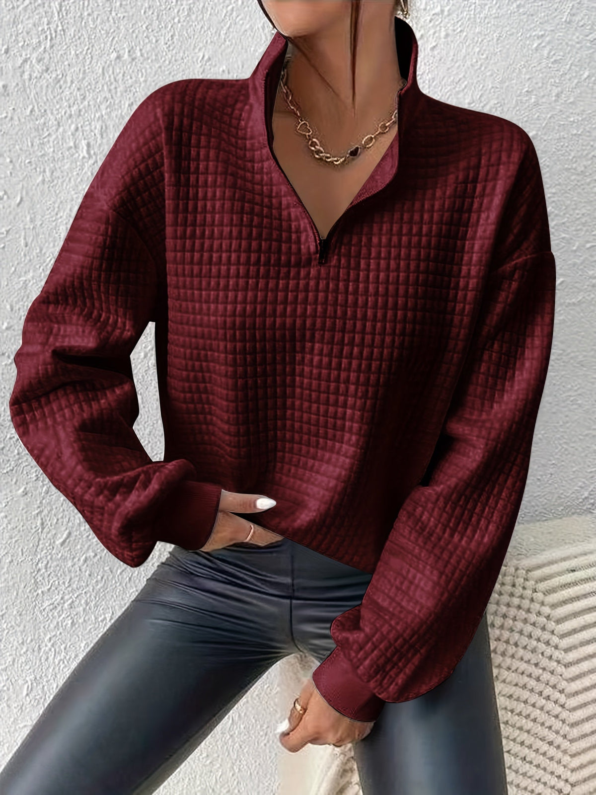 Women's Stand-Neck Textured Knit Sweater with Half Zip