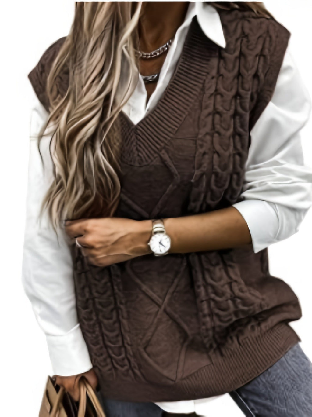 Women's V-Neck Cable Knit Sleeveless Sweater Vest