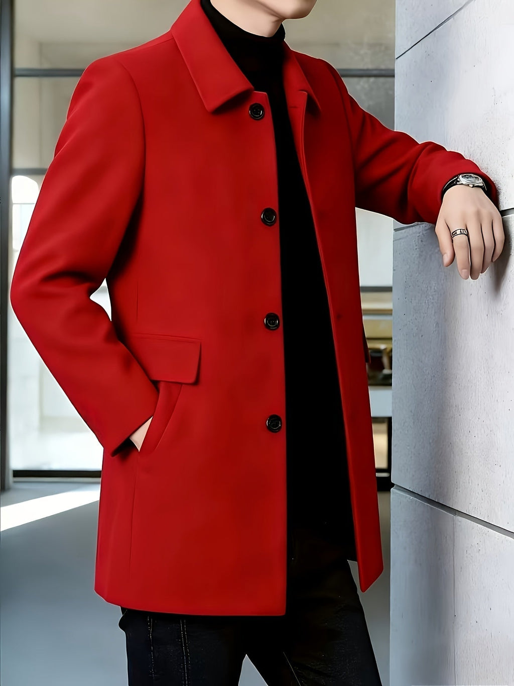 Men's Single-Breasted Refined Topcoat with Side Pockets