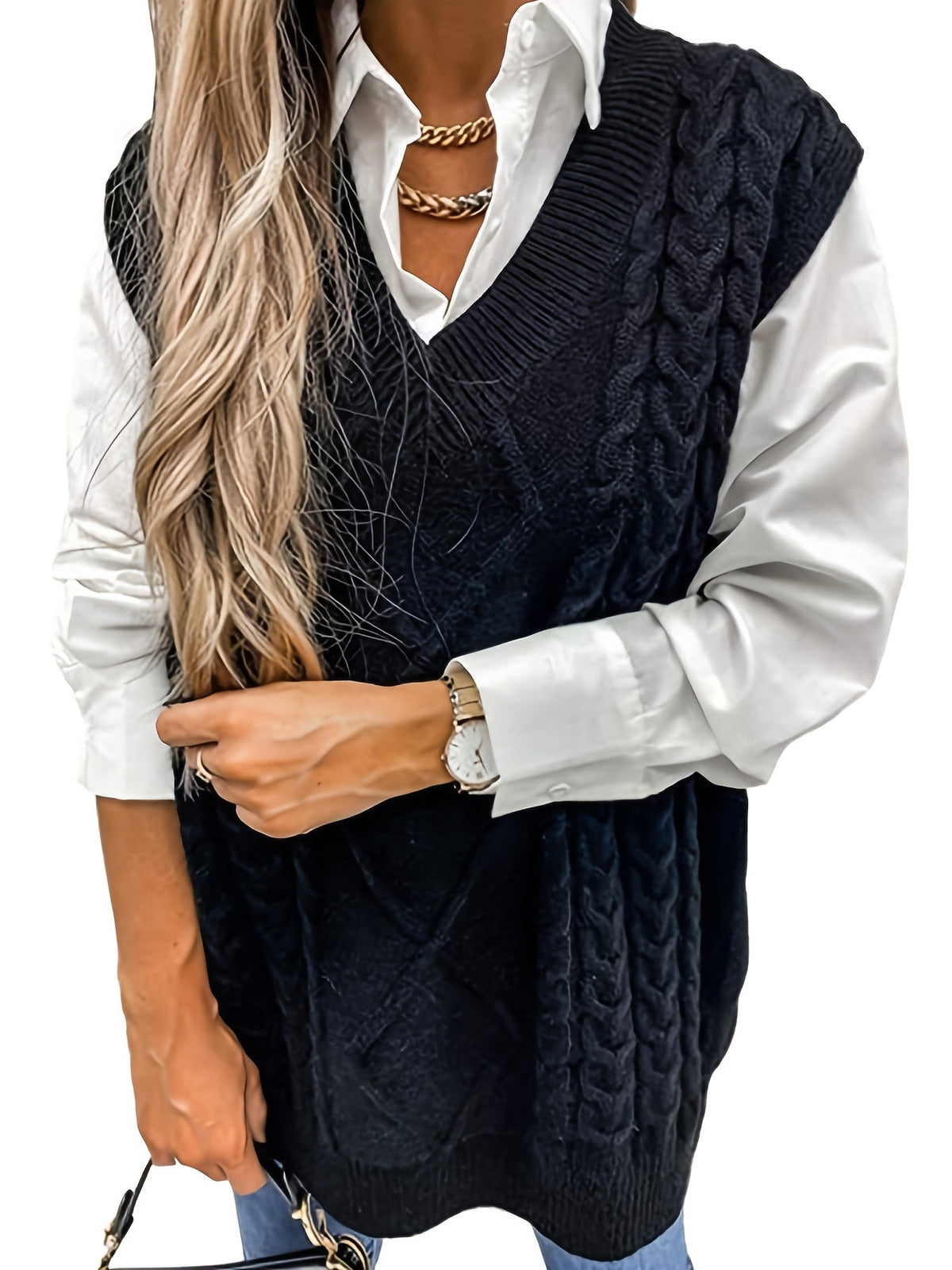 Women's V-Neck Cable Knit Sleeveless Sweater Vest