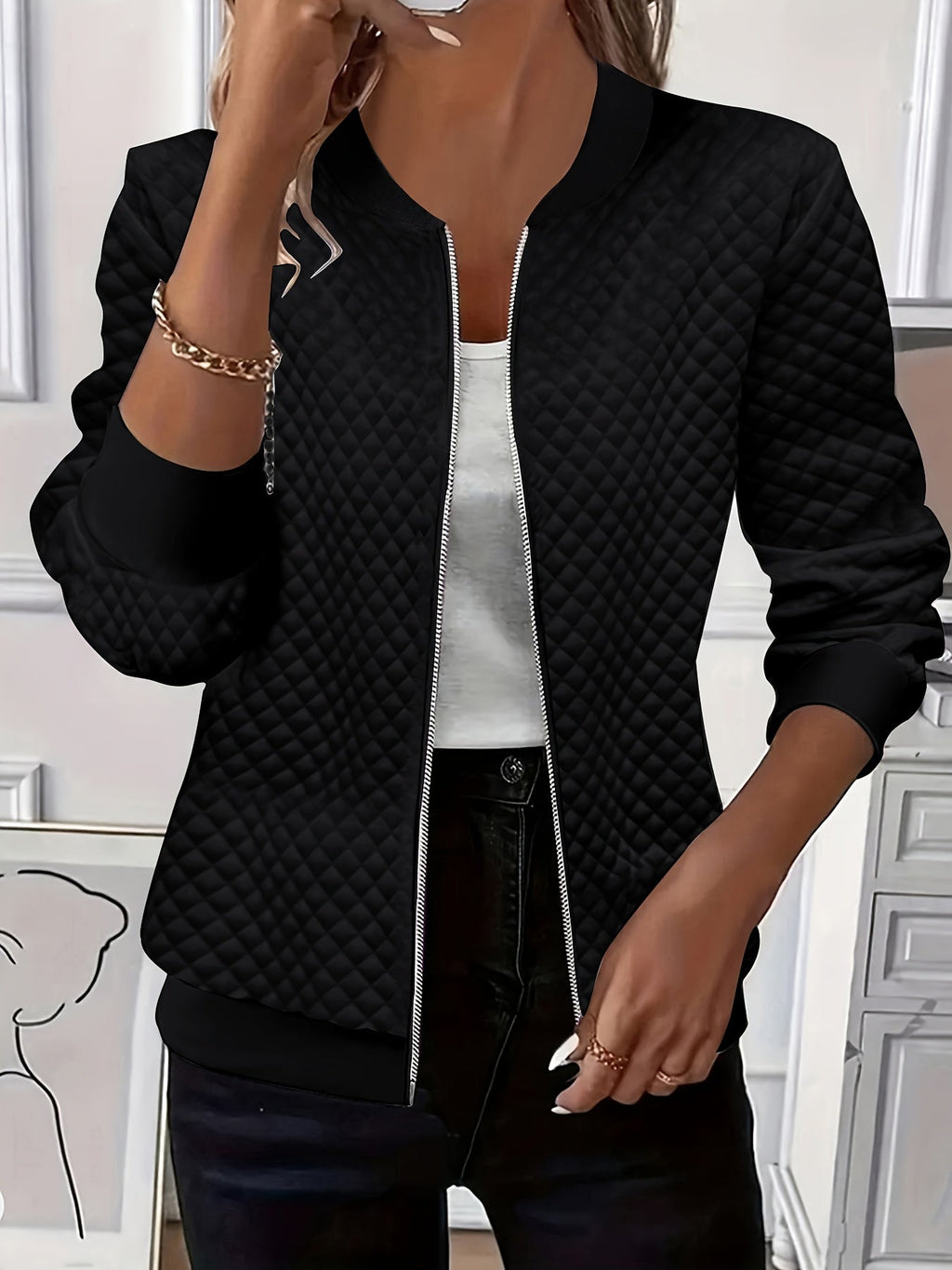 Women's Baseball Collar Diamond Texture Padded Jacket