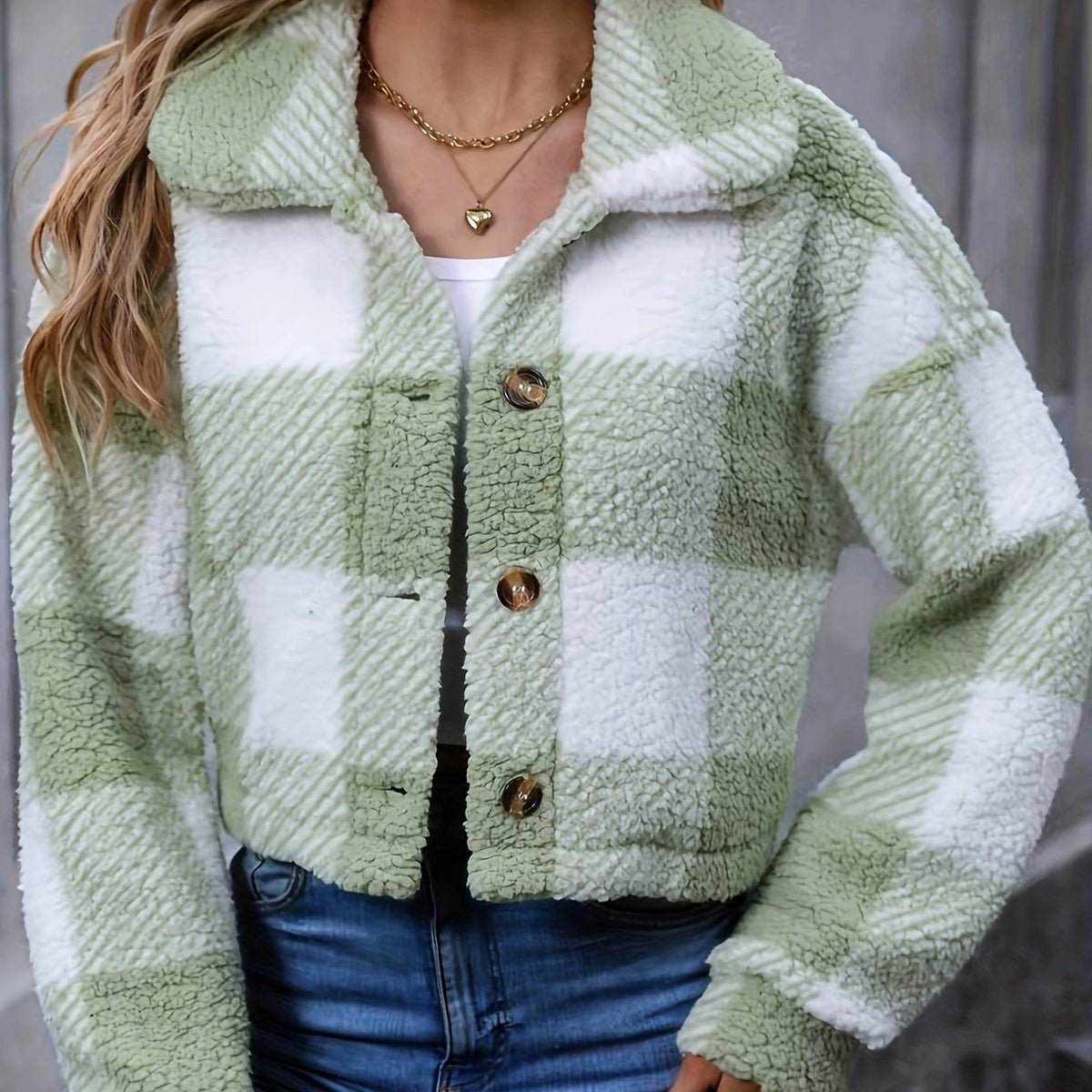Women's Short Plaid Button-Up Coat