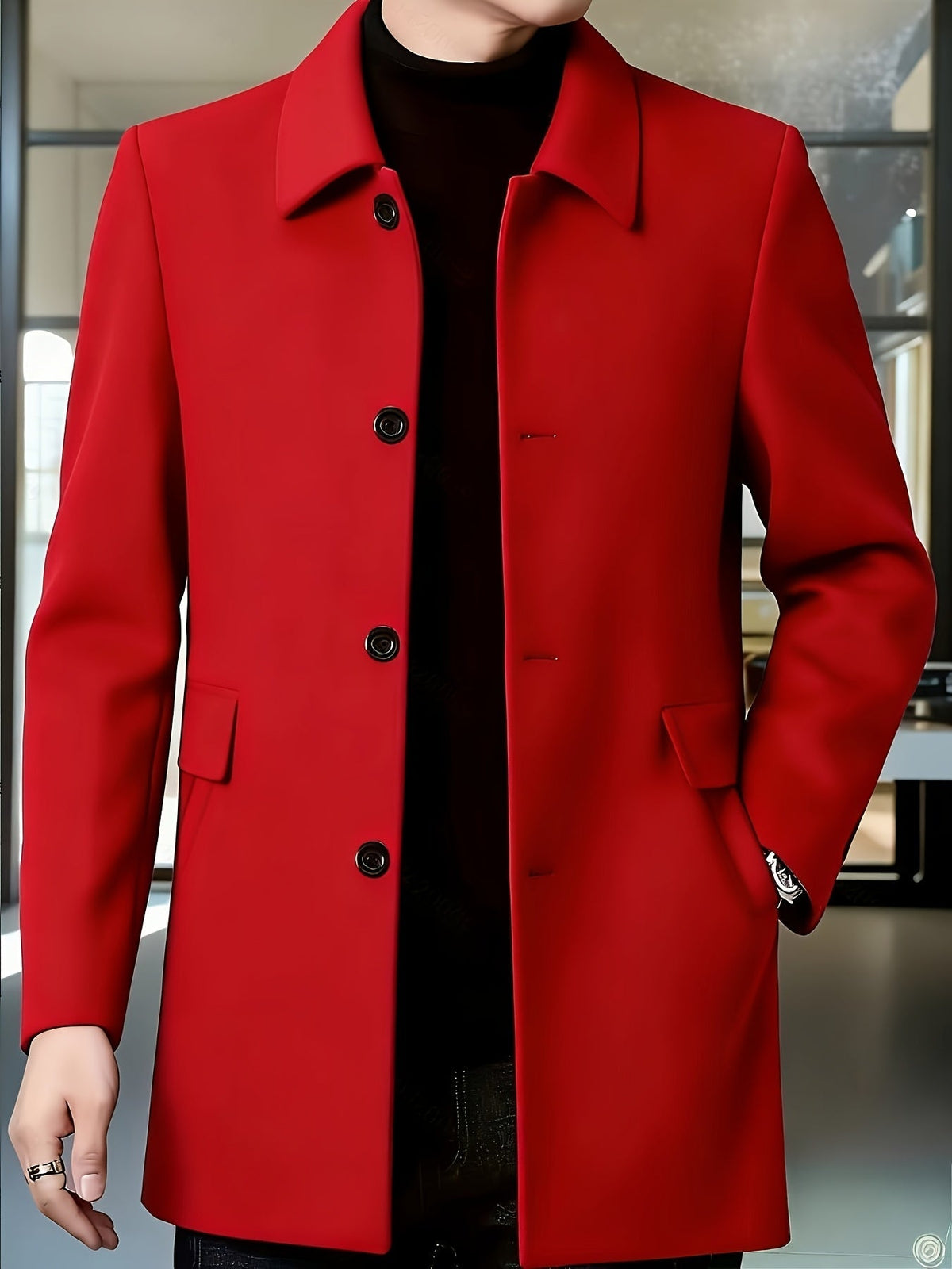 Men's Single-Breasted Refined Topcoat with Side Pockets