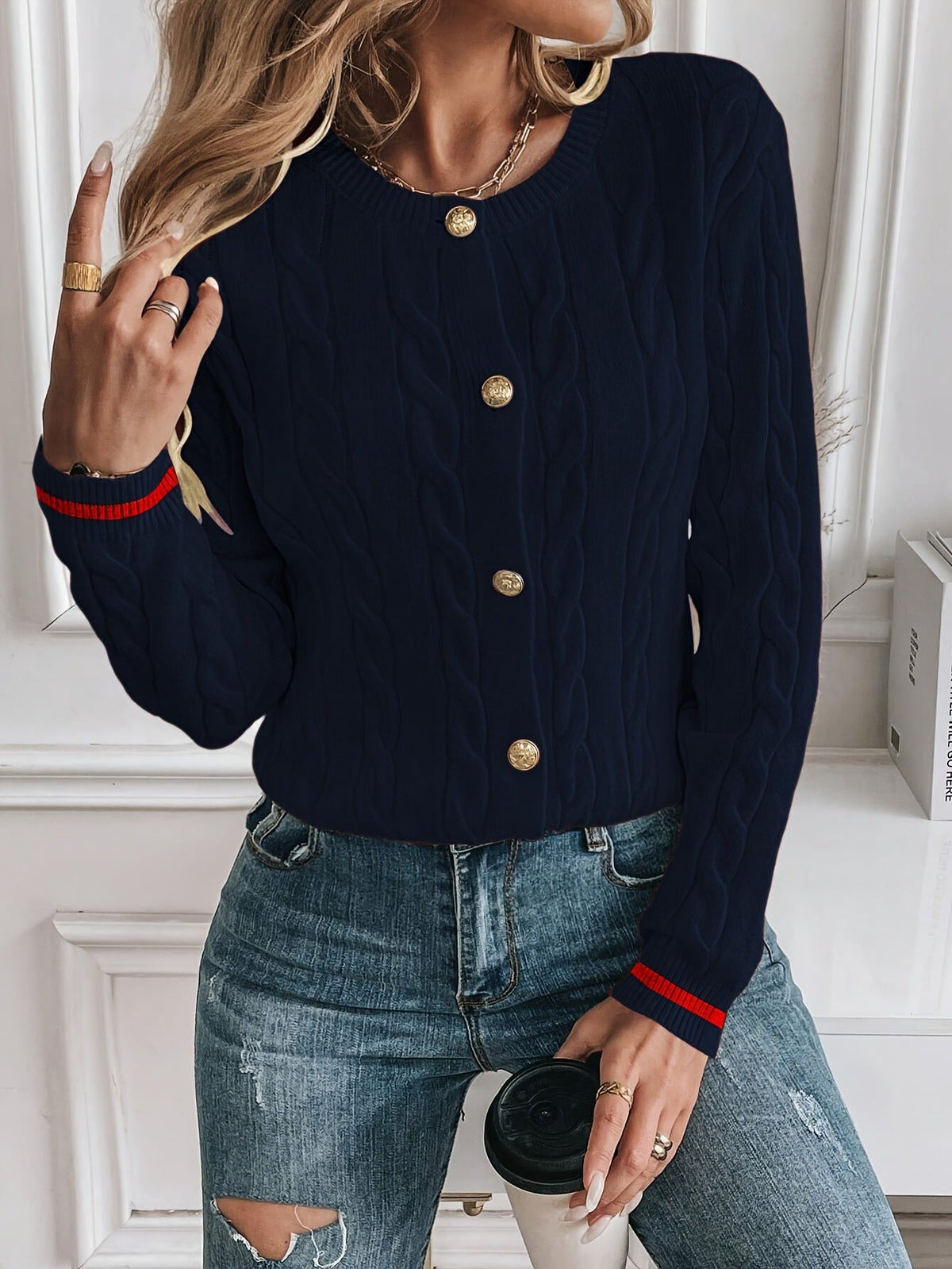Women's Cable Knit Button-Up Cardigan with Polished Buttons