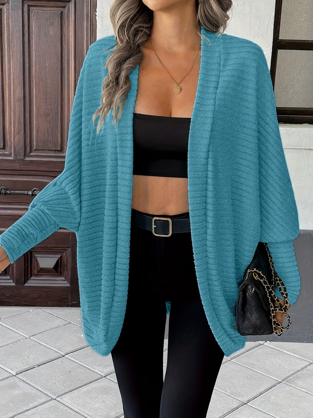 Women's Ribbed Draped Cardigan with Open Front