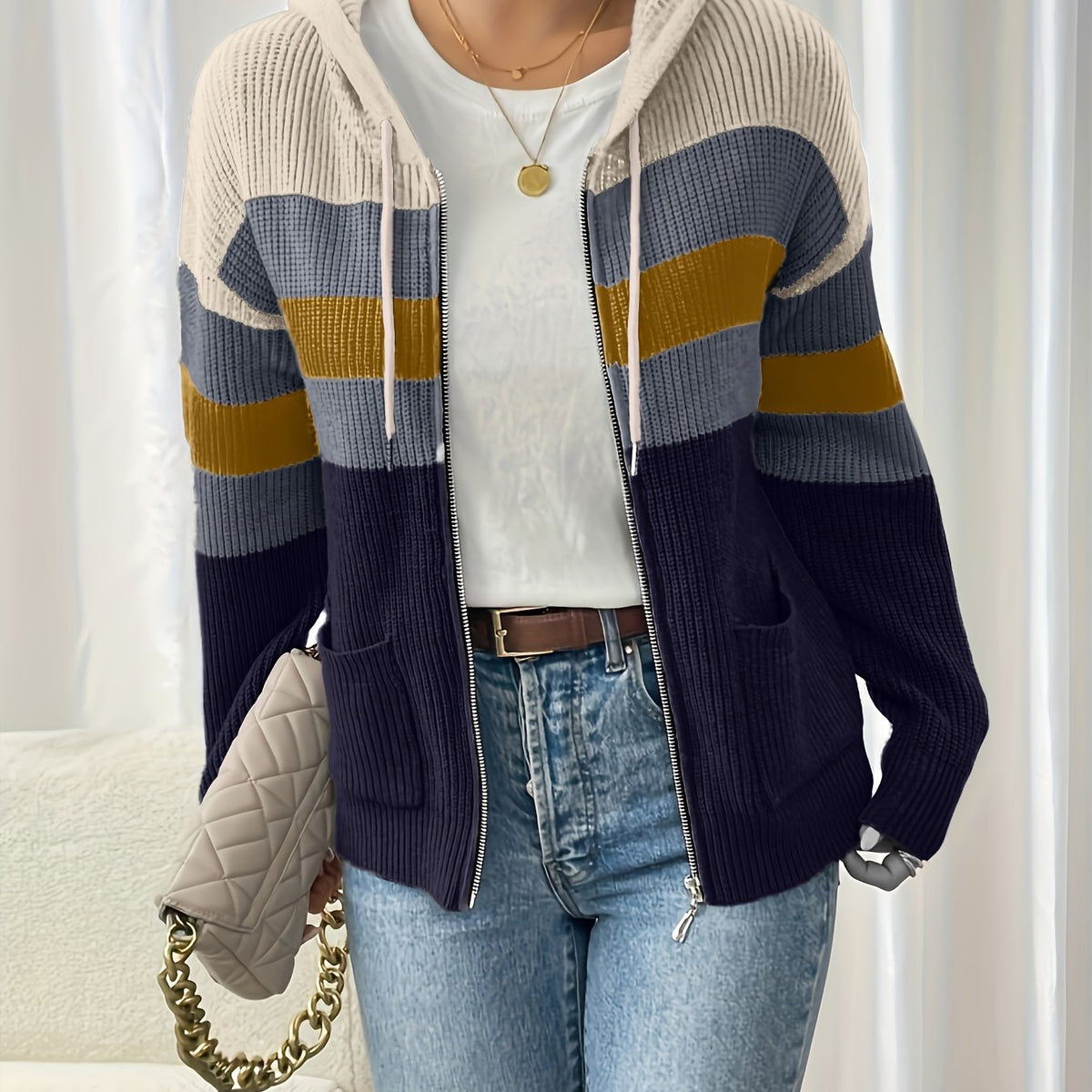 Women's Hooded Ribbed Knit Full-Zip Layering Cardigan