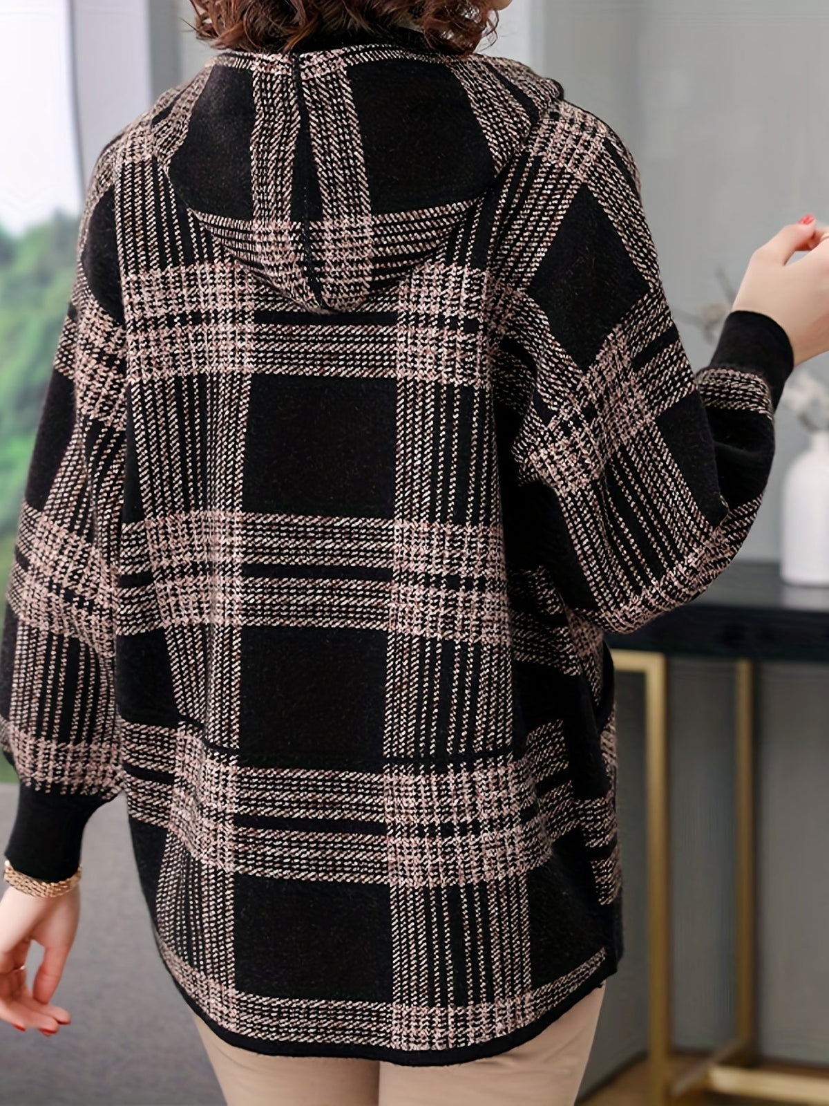Women's Hooded Zip-Up Checked Loose Fit Coat
