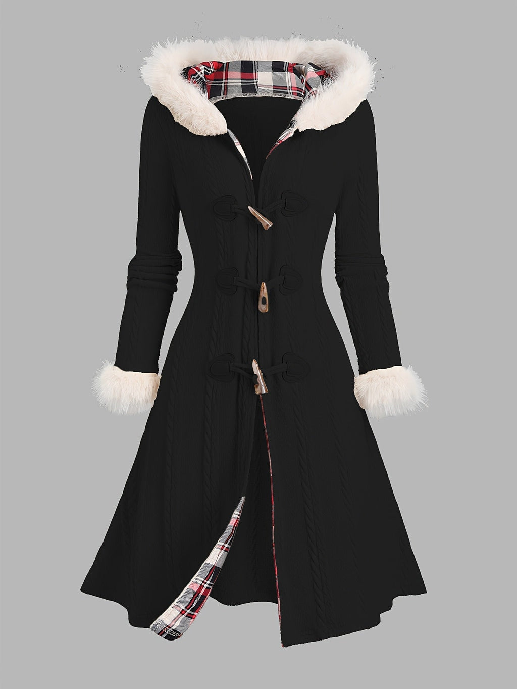 Women's Toggle Closure Longline Coat with Fur Trim Hood