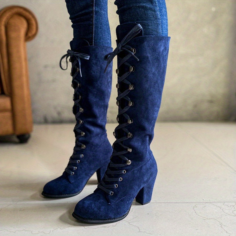 Women's Tall Boots with Front Lacing and Chunky Heel