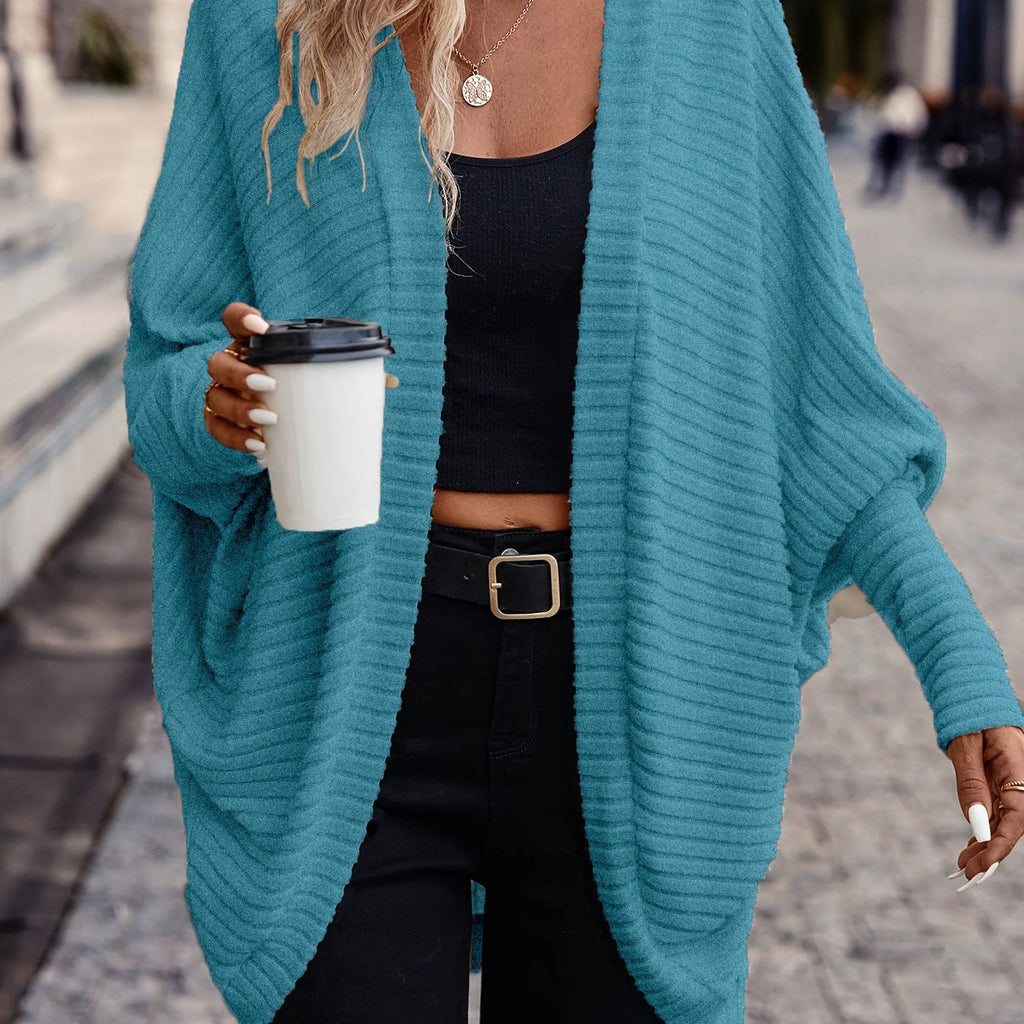 Women's Ribbed Draped Cardigan with Open Front