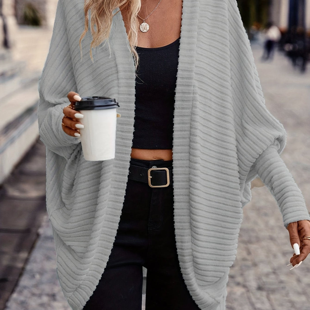 Women's Ribbed Draped Cardigan with Open Front