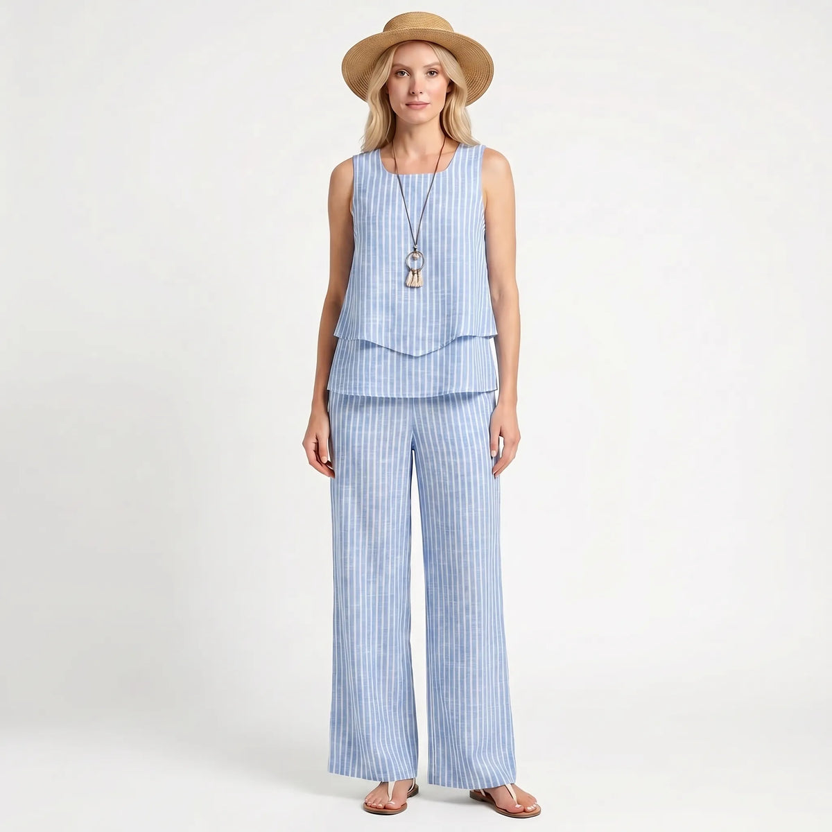 Women's Layered Sleeveless Top Printed Wide Leg Pants Set