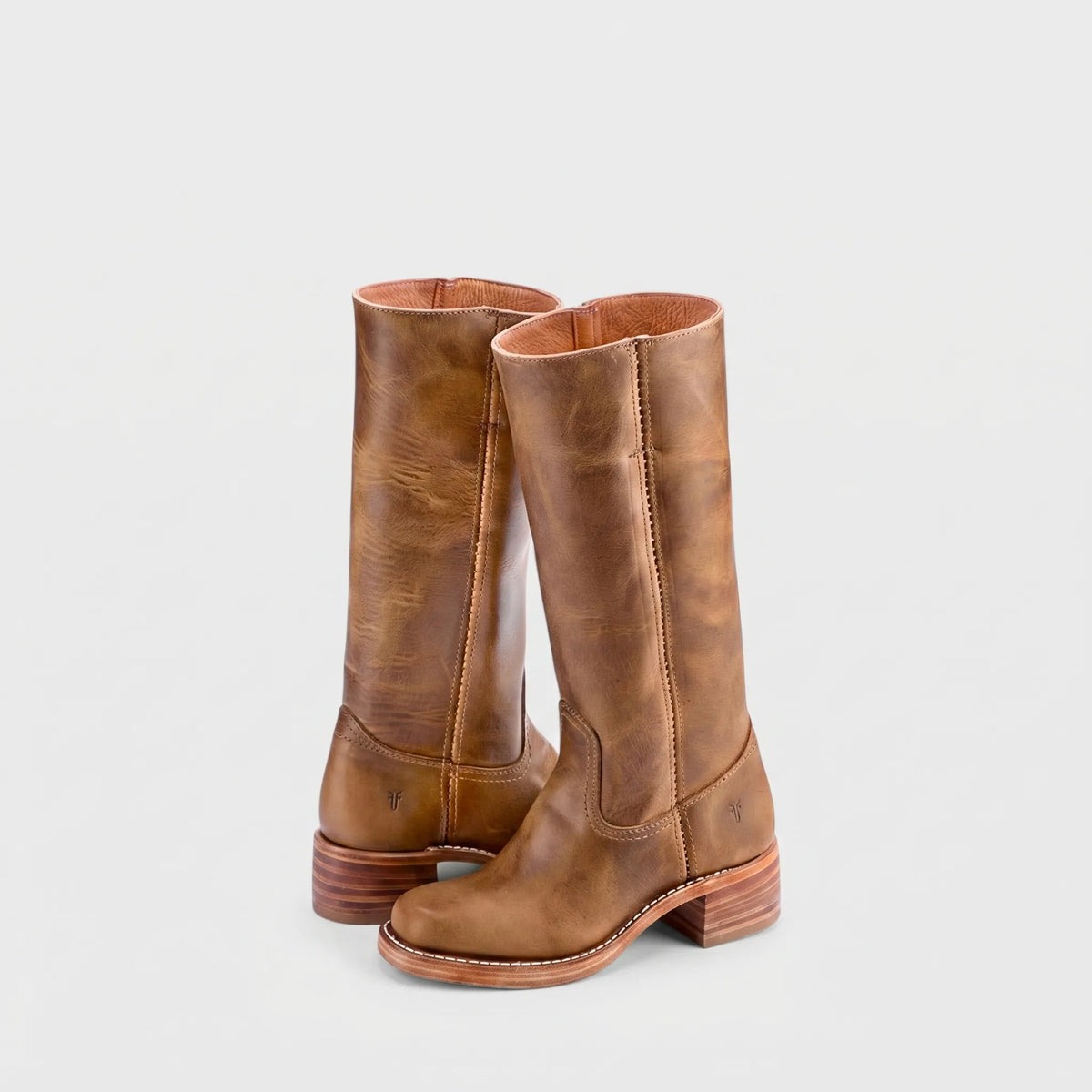 Women's Square Toe Tall Leather Boots with Stacked Heel