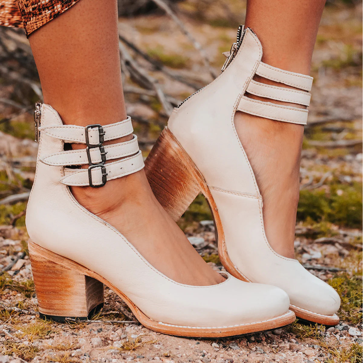 Women's Ankle Strap Block Heel Leather-Look Boots