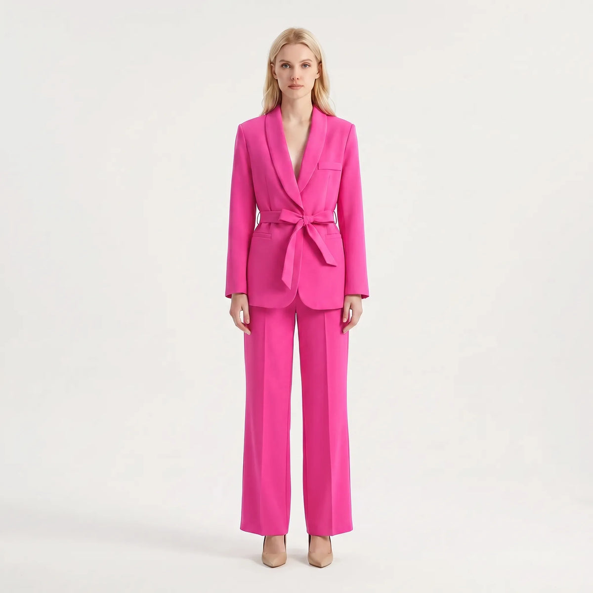 Women's Shawl Lapel Belted Blazer Wide Leg Pantsuit