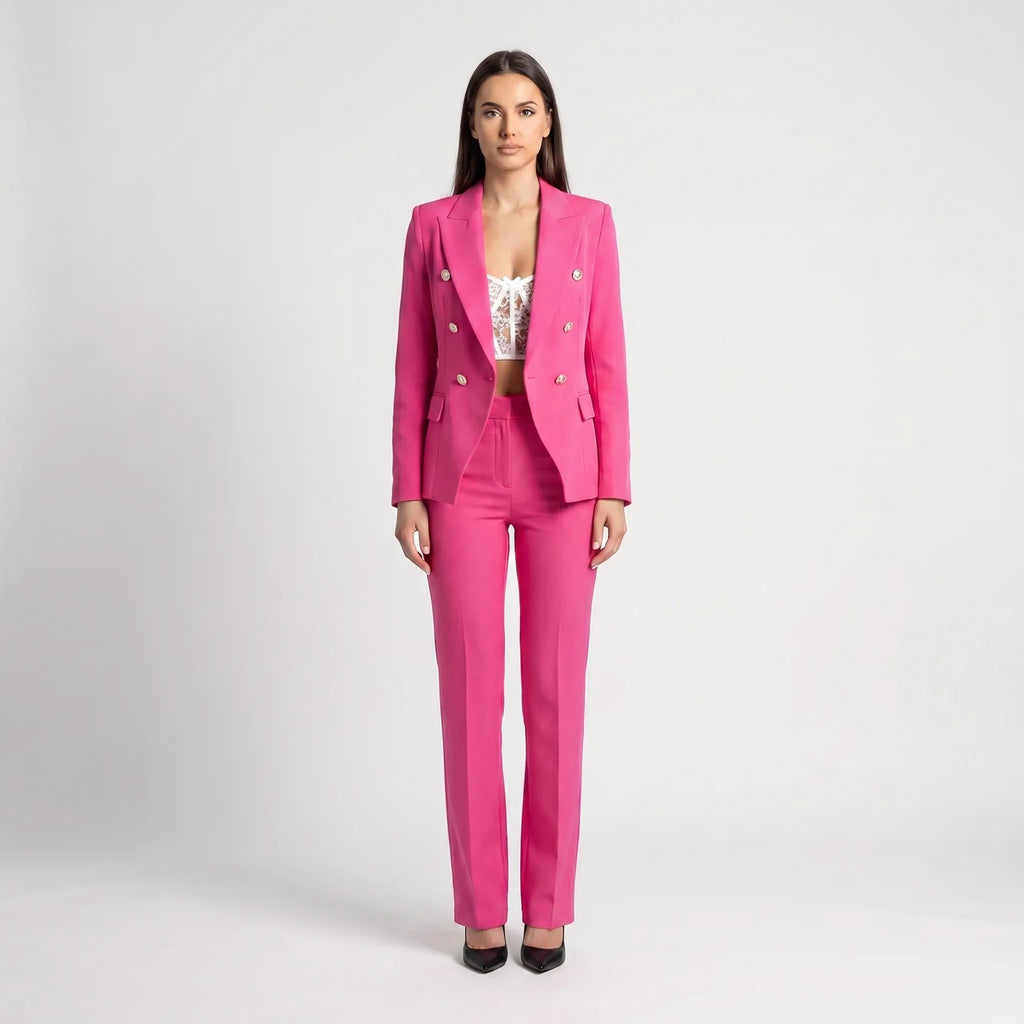 Women's Double Breasted Blazer Tailored Pants Suit Set