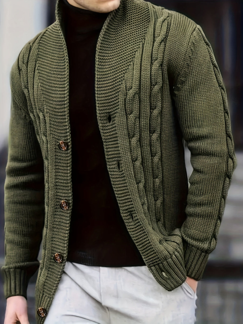 Men's Cable-Knit Shawl Collar Button-Front Sweater Cardigan