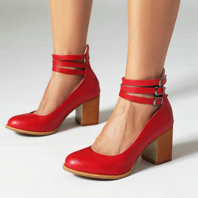 Women's Block Heel Booties with Three Buckle Straps
