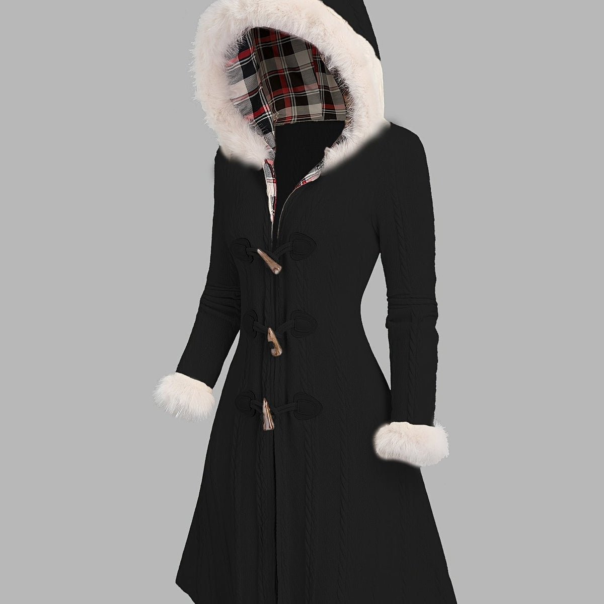 Women's Toggle Closure Longline Coat with Fur Trim Hood