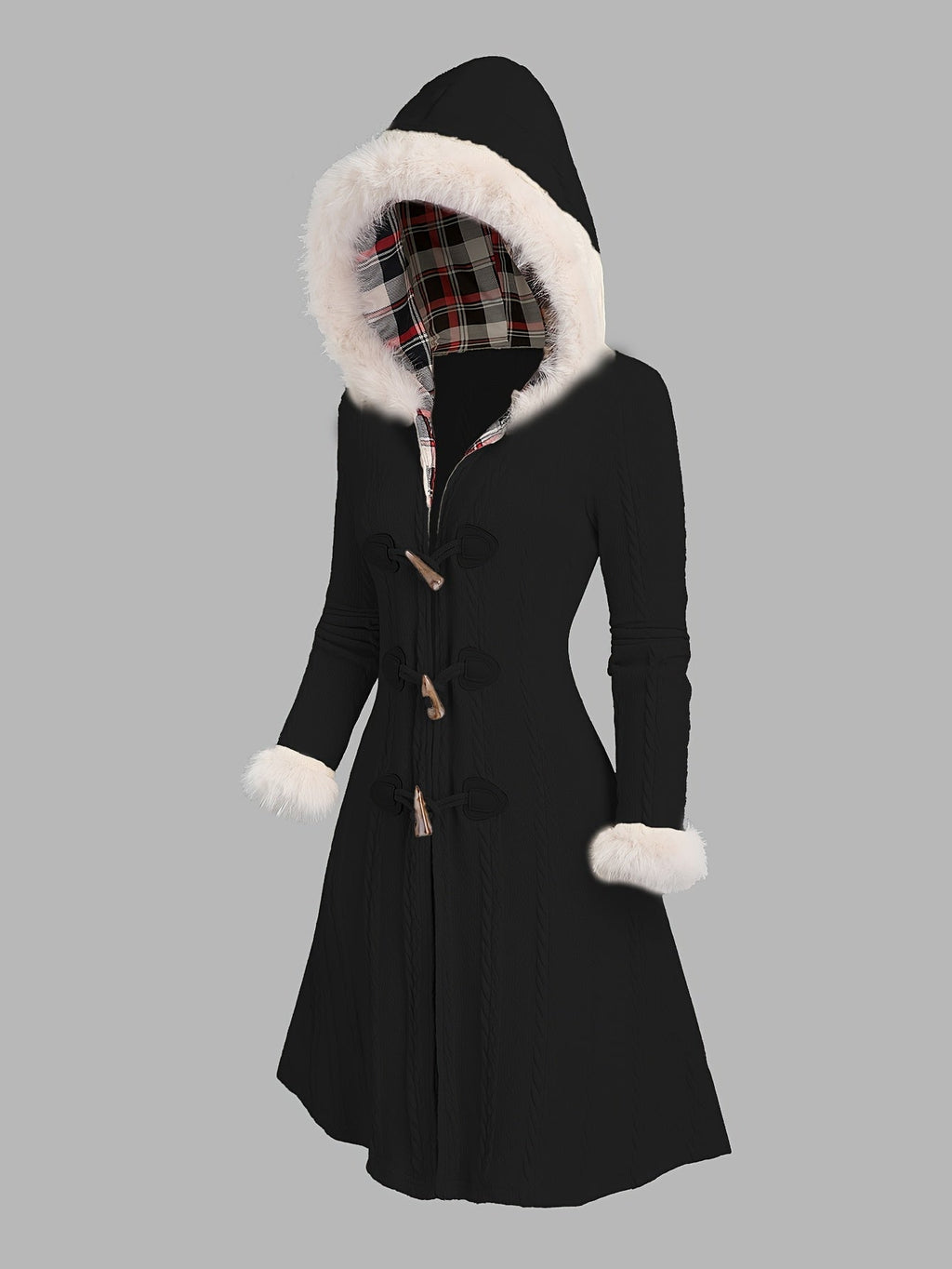 Women's Toggle Closure Longline Coat with Fur Trim Hood