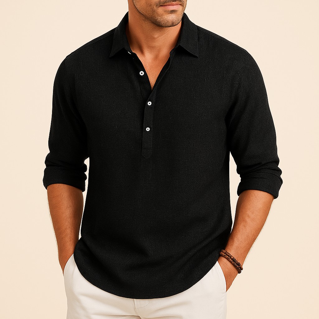 Men's Soft Textured Long Sleeved Button-Neck Polo