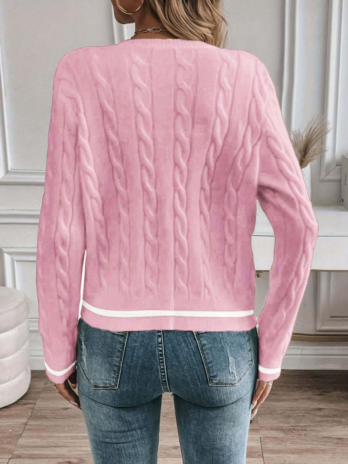 Women's Cable Knit Button-Up Cardigan with Polished Buttons
