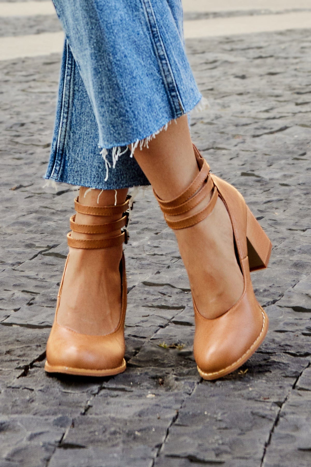 Women's Block Heel Booties with Three Buckle Straps
