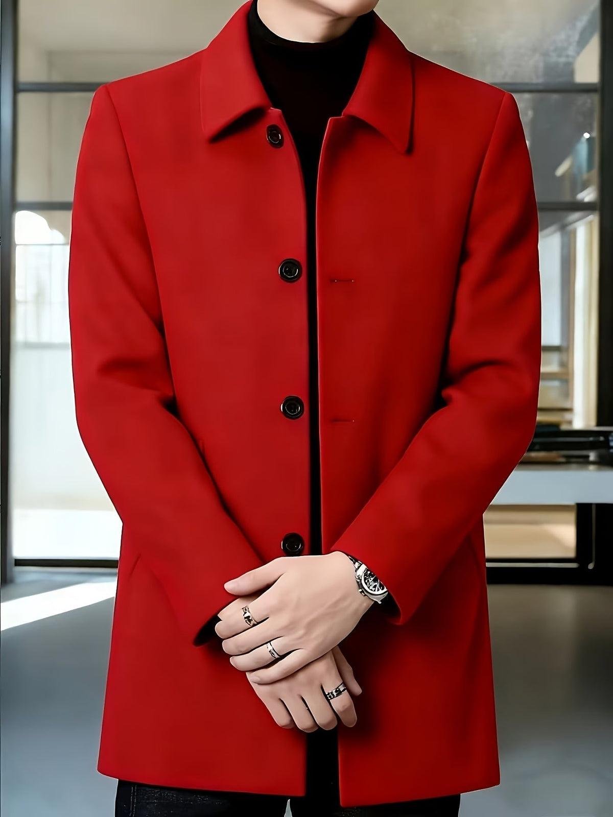 Men's Single-Breasted Refined Topcoat with Side Pockets