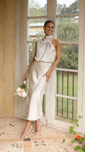 Women's Draped Cowl Halter Wedding Guest Midi Dress