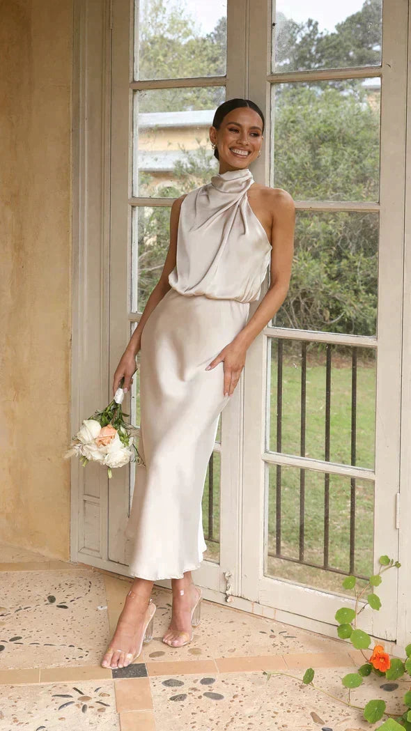 Women's Draped Cowl Halter Wedding Guest Midi Dress