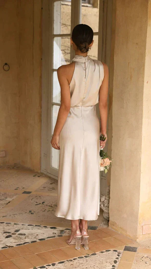 Women's Draped Cowl Halter Wedding Guest Midi Dress