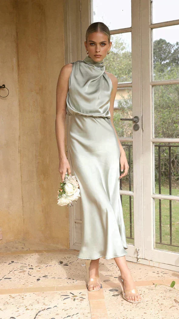 Women's Draped Cowl Halter Wedding Guest Midi Dress