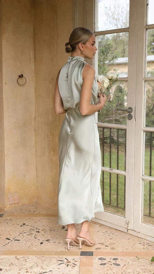 Women's Draped Cowl Halter Wedding Guest Midi Dress