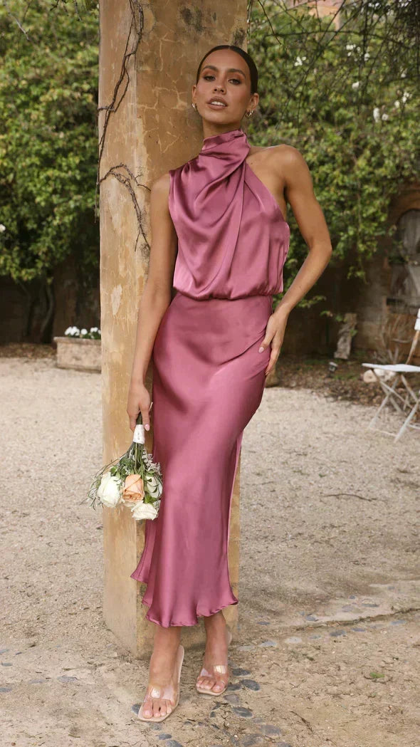 Women's Draped Cowl Halter Wedding Guest Midi Dress