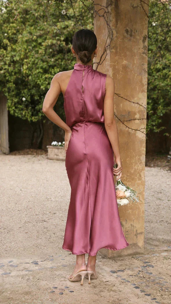Women's Draped Cowl Halter Wedding Guest Midi Dress