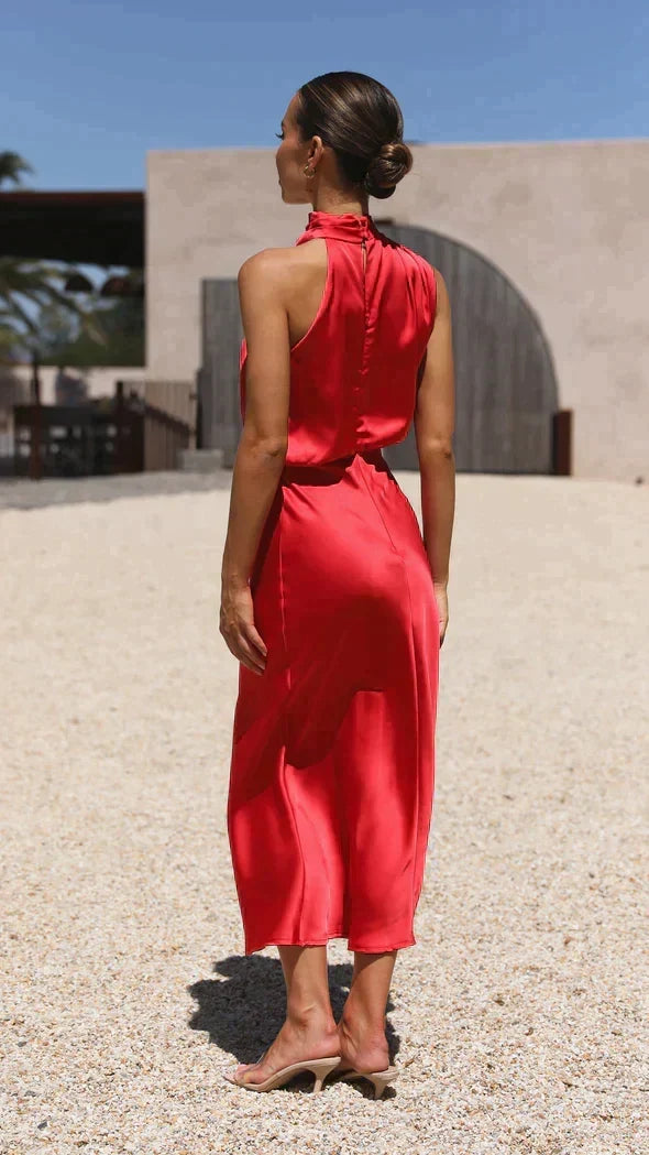 Women's Draped Cowl Halter Wedding Guest Midi Dress