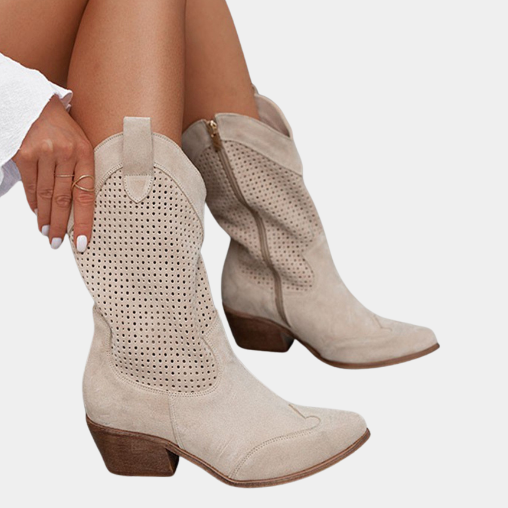 Women's Perforated Cutout Cowgirl Boots with Block Heel