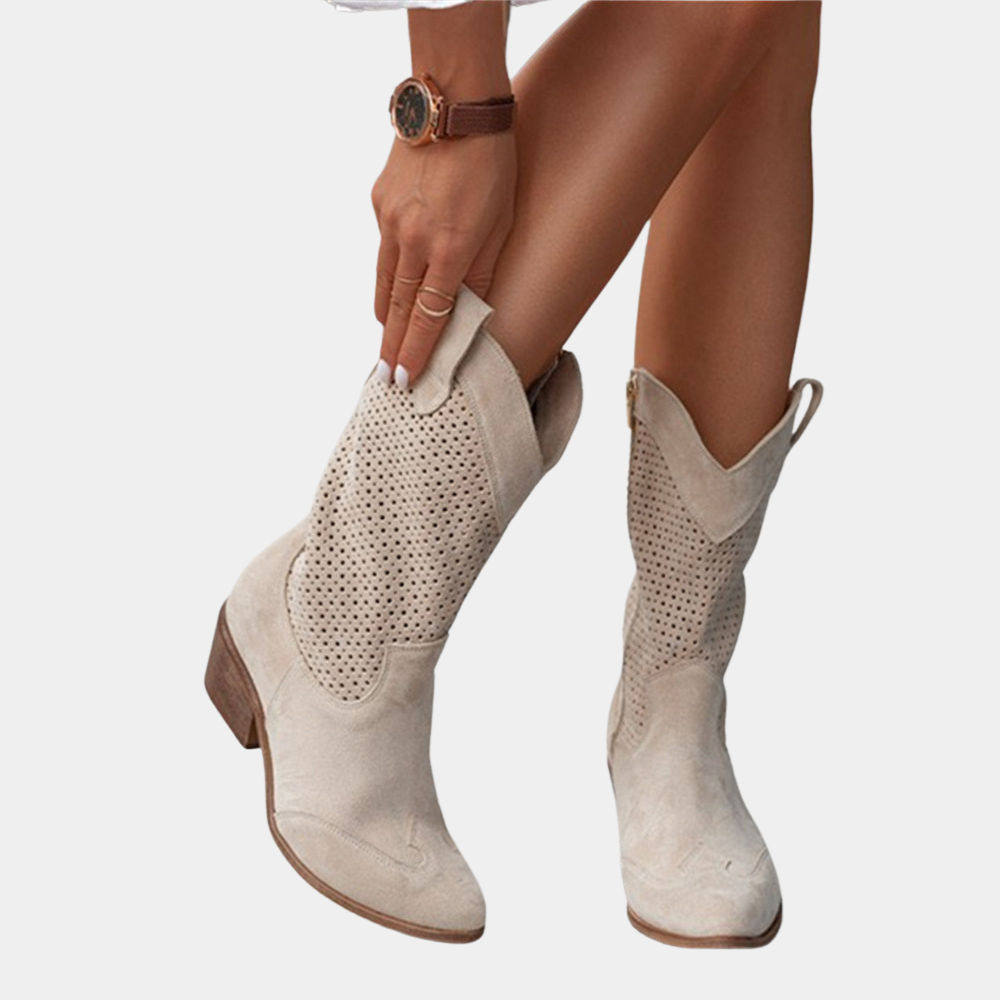 Women's Perforated Cutout Cowgirl Boots with Block Heel