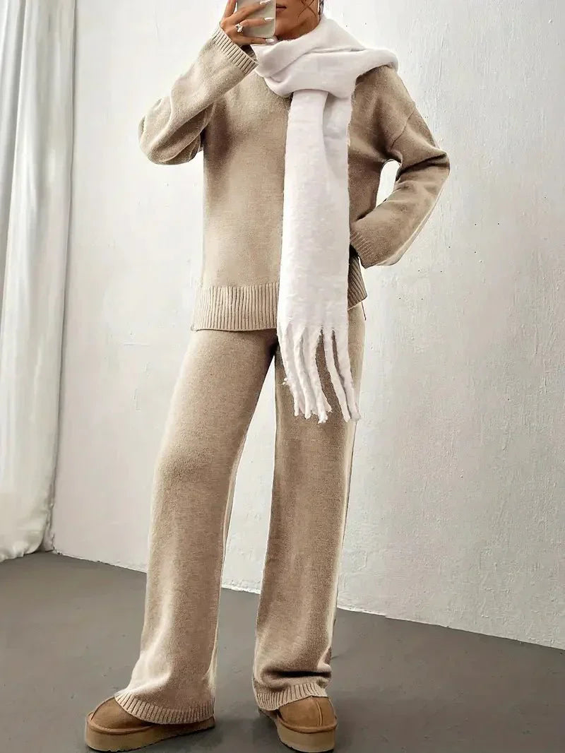 Women's Cozy Brushed Knit Crew Neck Sweater Pants Set