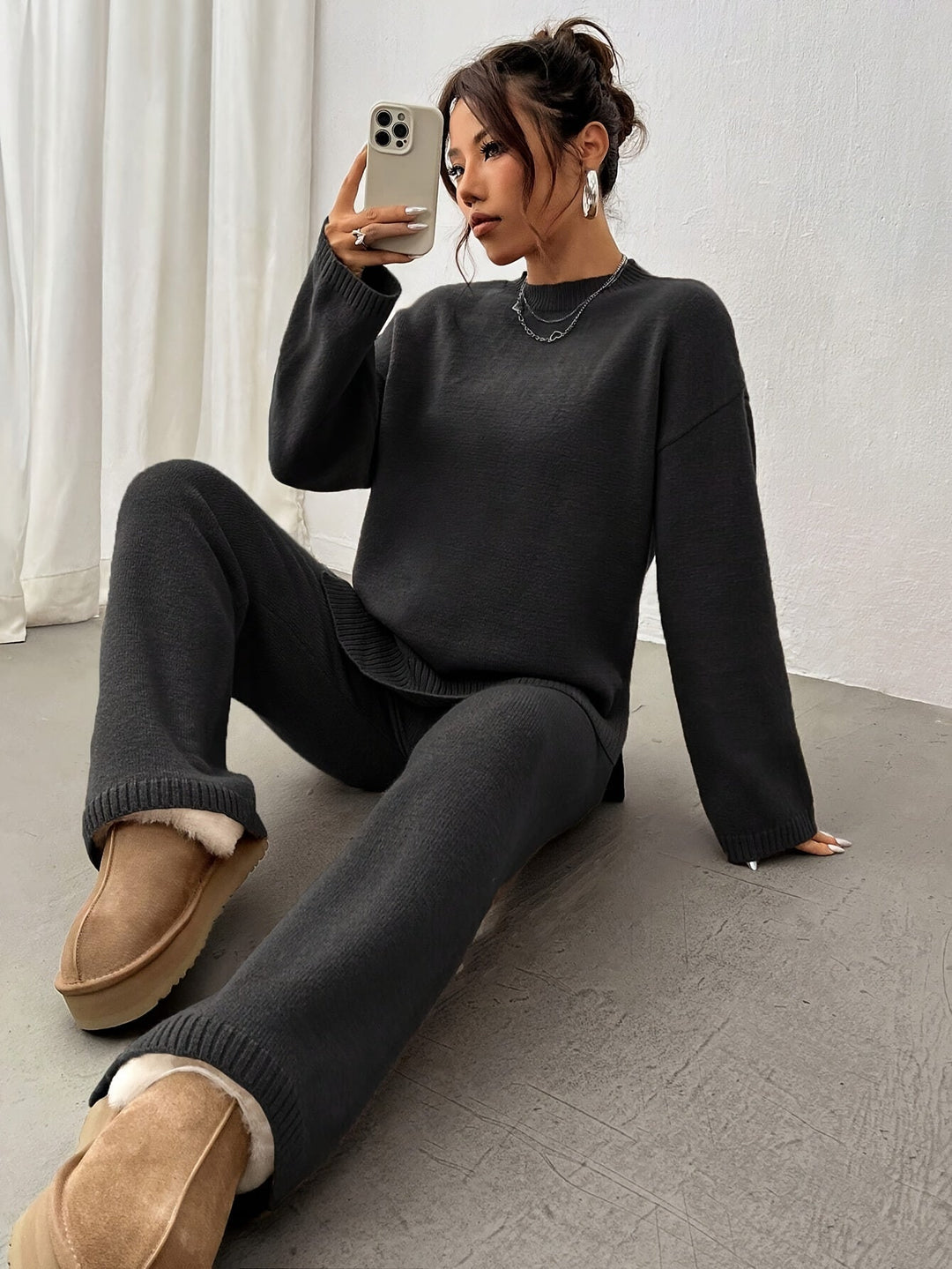 Women's Cozy Brushed Knit Crew Neck Sweater Pants Set