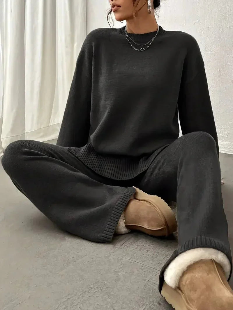 Women's Cozy Brushed Knit Crew Neck Sweater Pants Set